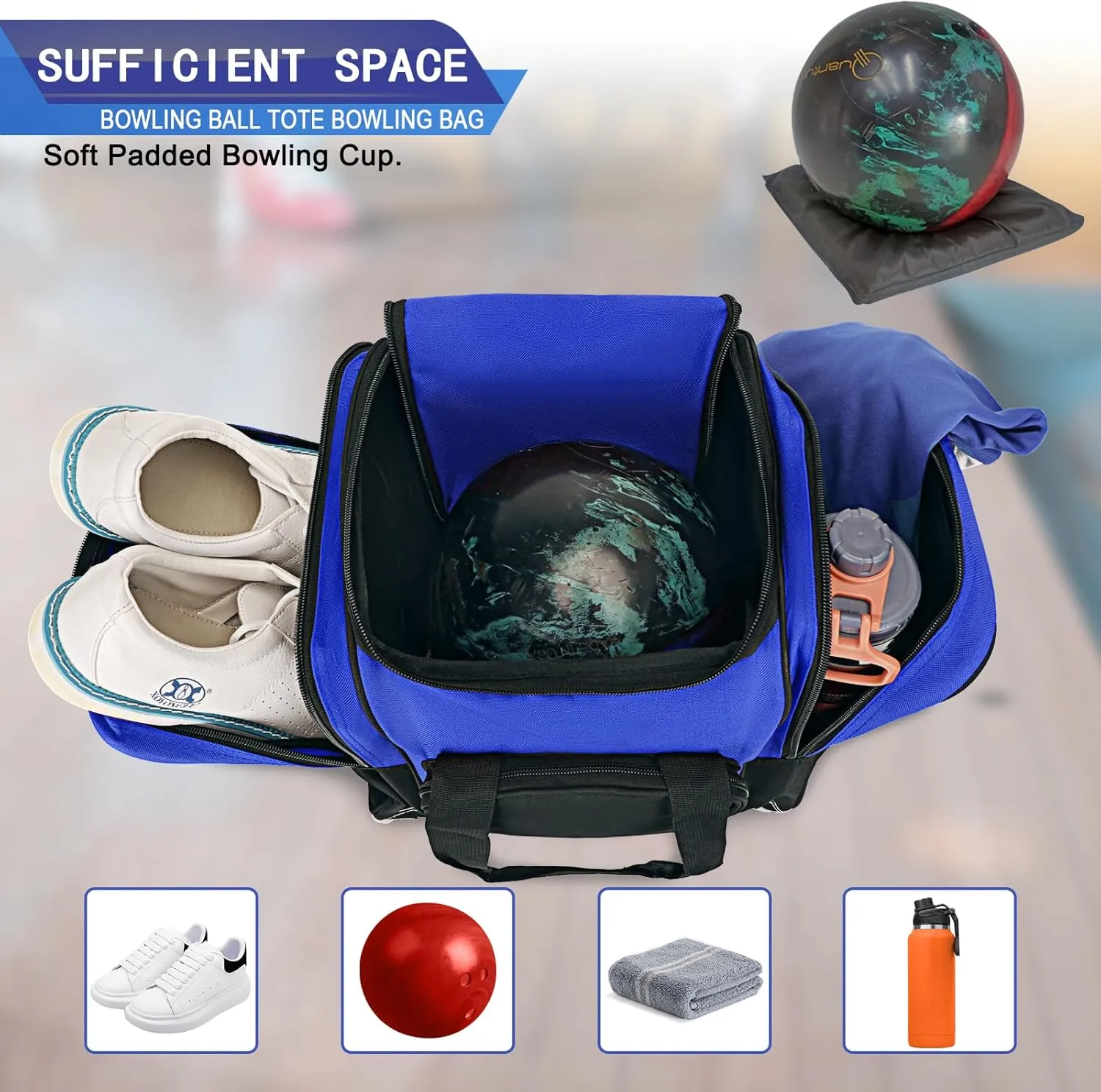 Bowling Ball Bag for Single Ball, 2022 Bowling Ball Tote Bowling bag with Padded Holder - Fits Shoes up to Mens Size 14 and Bowling Accessories