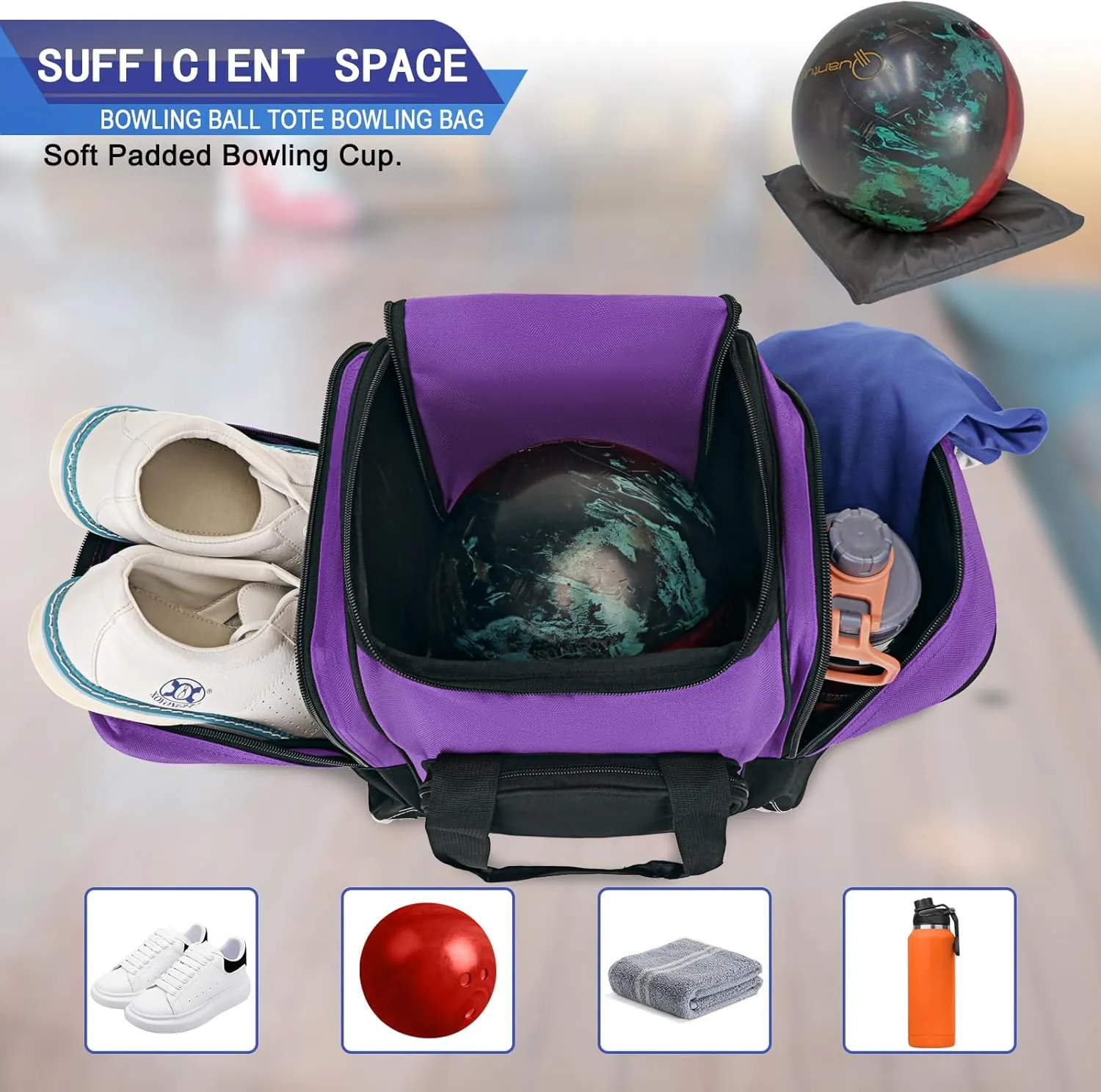 Bowling Ball Bag for Single Ball, 2022 Bowling Ball Tote Bowling bag with Padded Holder - Fits Shoes up to Mens Size 14 and Bowling Accessories