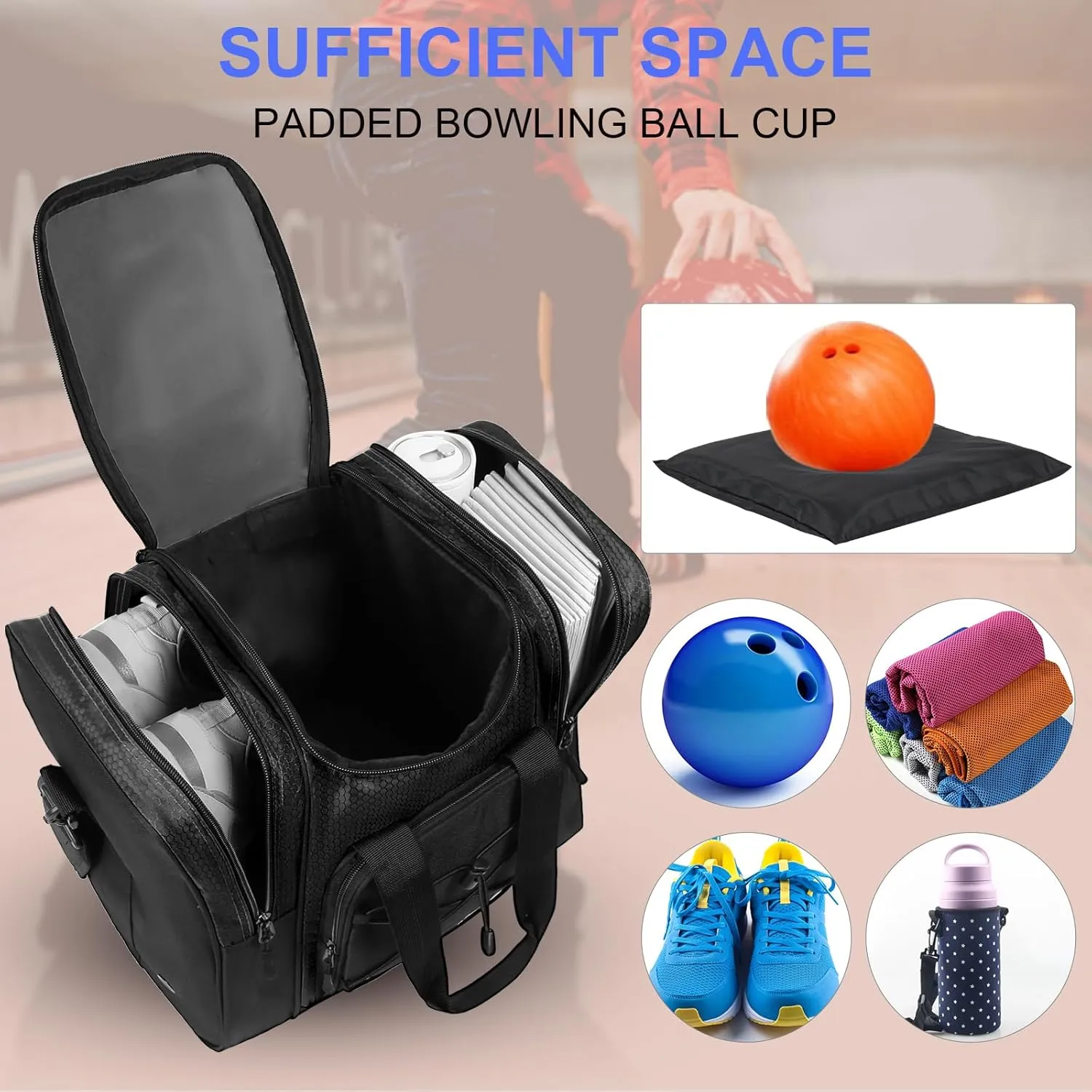 Bowling Ball Bag - Single Ball Tote with Padded Holder, Shoe Compartment and Strap