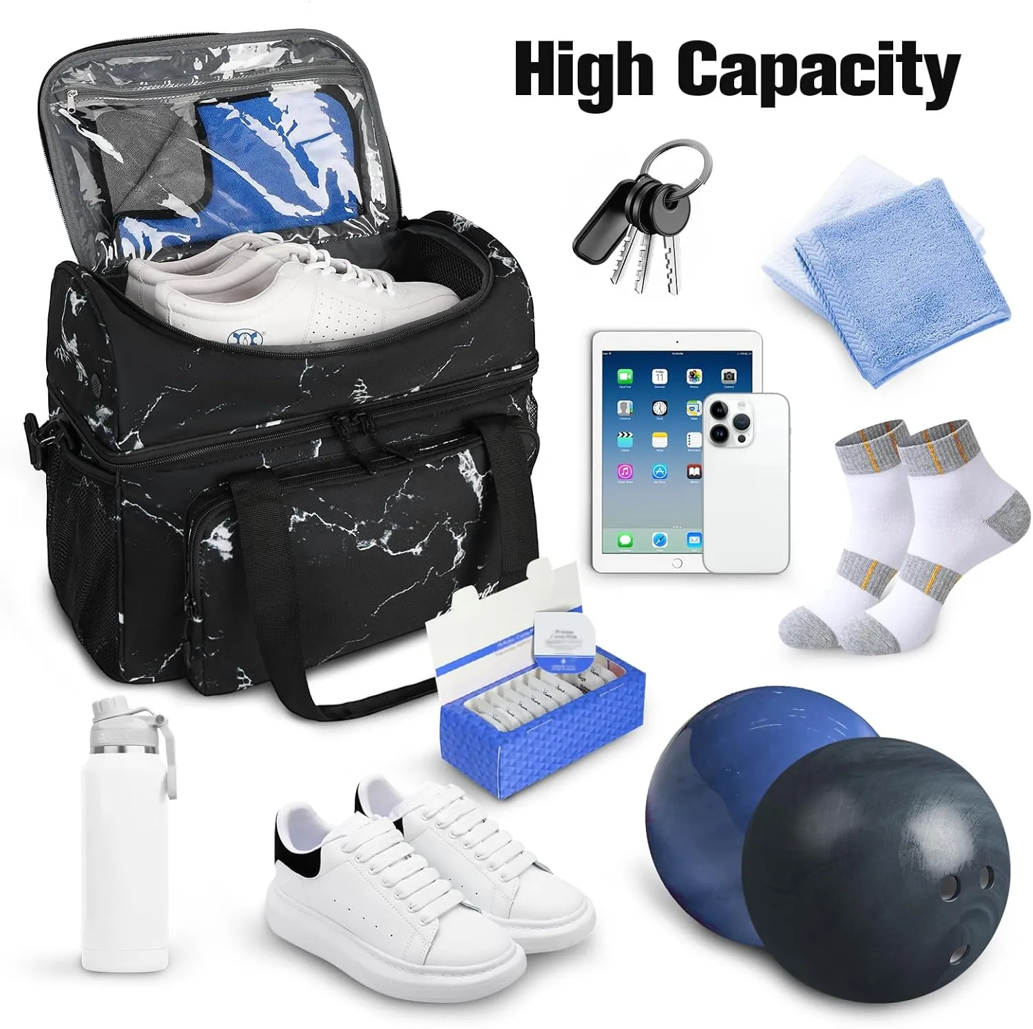 Bowling Ball Bag with Double Ball Holder - Fits Bowling Shoes Up to Mens Size 16