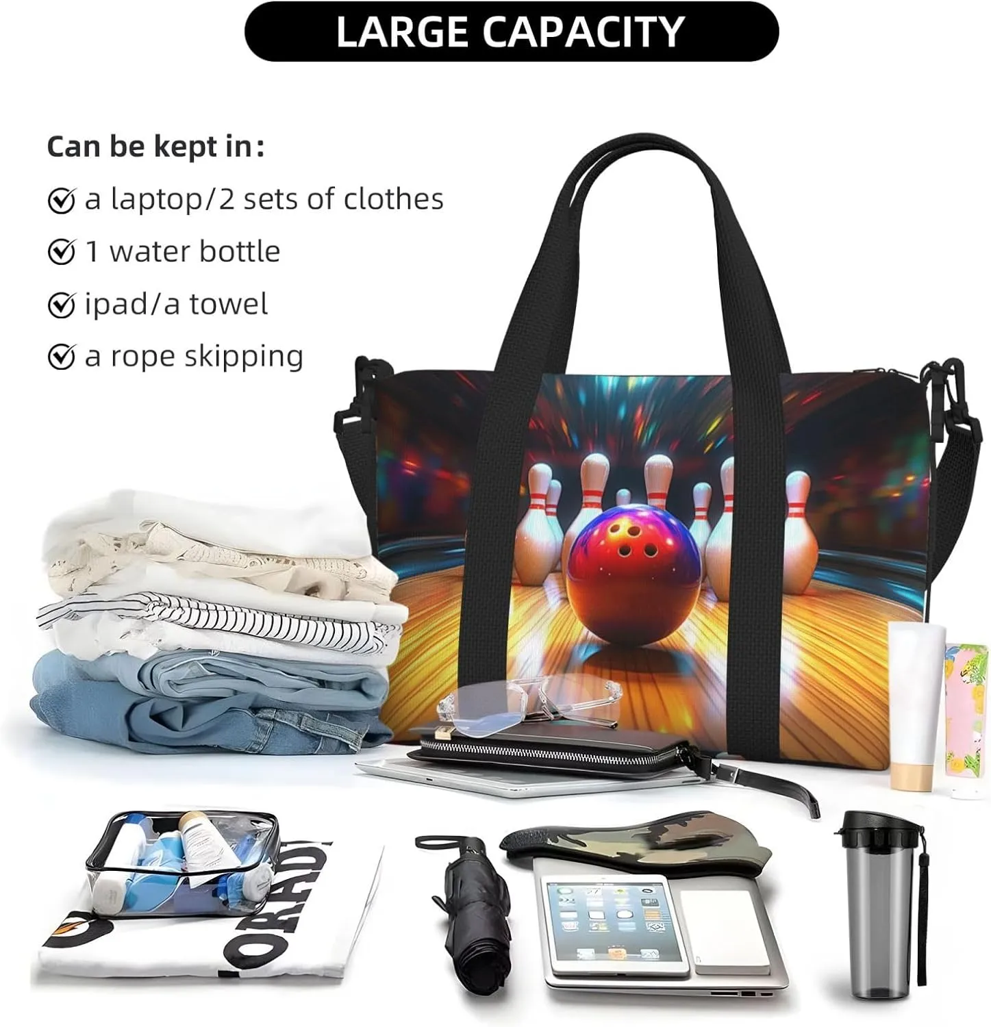 bowling ball print Travel Duffel Bag, Sports Tote Gym Bag, Swim Pool Bag Large Shoulder Tote Bag for Beach Weekender