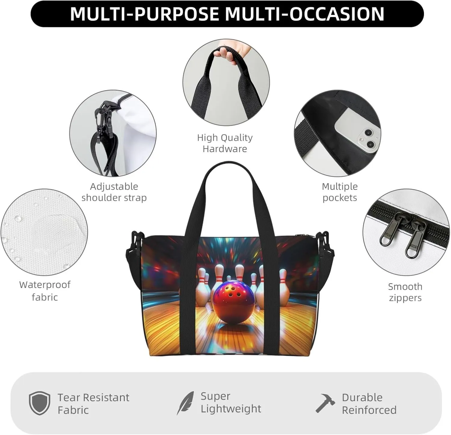 bowling ball print Travel Duffel Bag, Sports Tote Gym Bag, Swim Pool Bag Large Shoulder Tote Bag for Beach Weekender