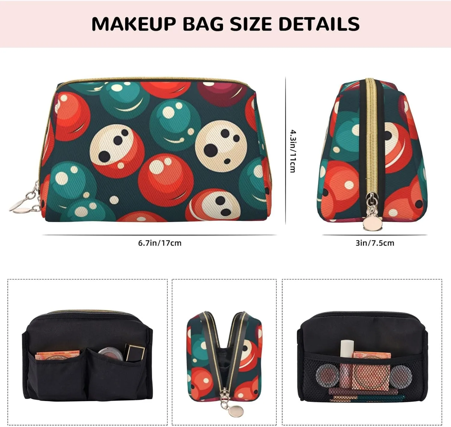 Bowling Ball Printed Small Makeup Bag,Travel Cosmetic Bag Purse with Zipper,Water-resistant Makeup Organizer Bag for Women