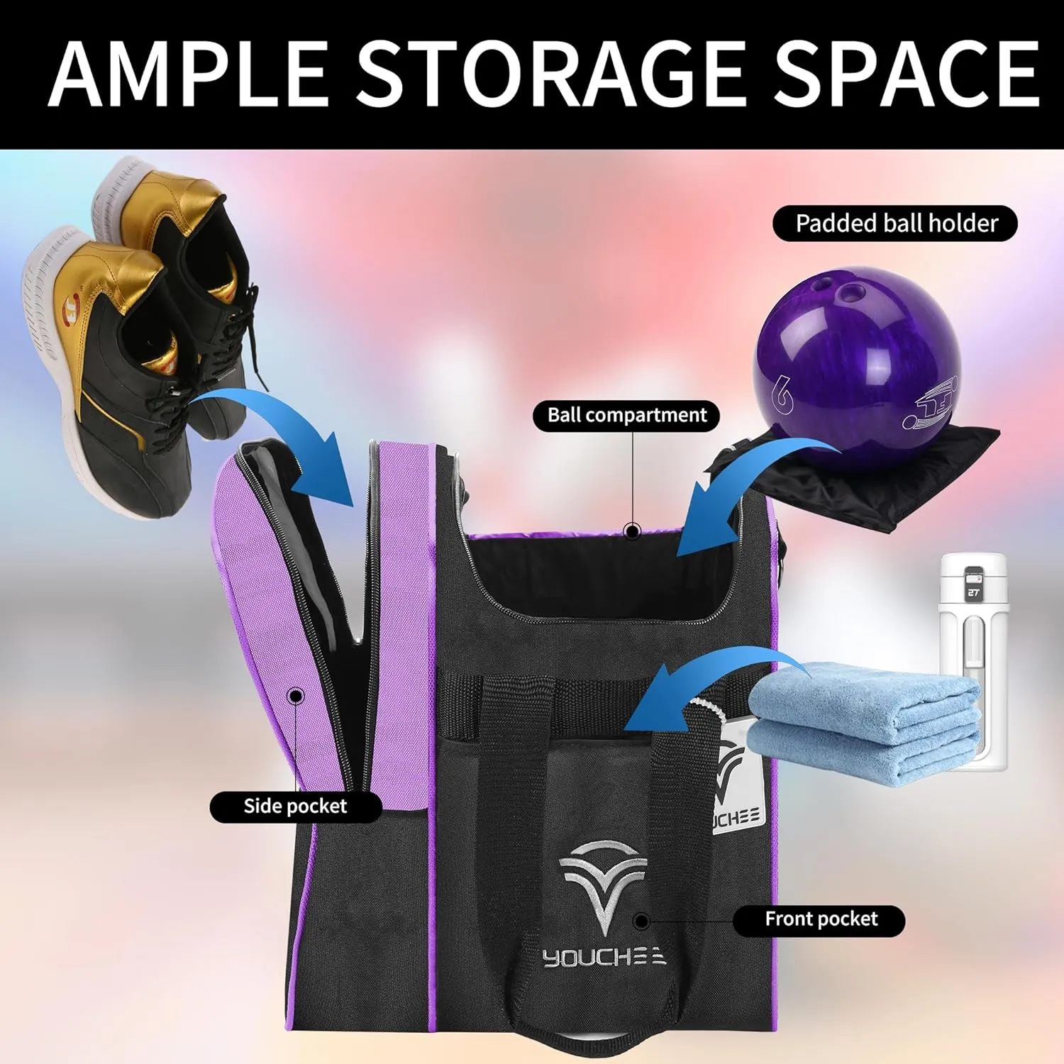 Bowling Ball Tote Bag with Padded Holder, Holds One Bowling Ball and Shoes Up to Mens Size 13, Multifunction Accessory Pockets