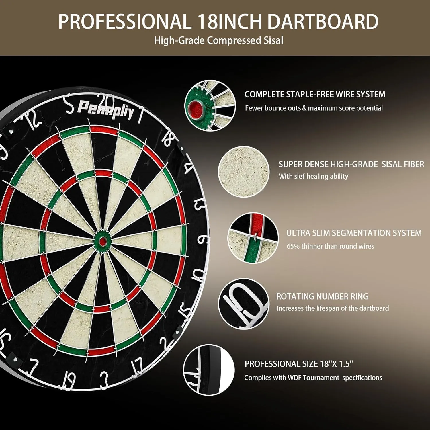 Bristle Dart Board Set, Professional Dart Board 18" with 6pcs 18g Darts Outdoor Dartboard Set, Compressed Sisal Metal Wire Board with Rotating Number Ring