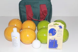BuyBocceBalls Listing - Premium Quality andMade in USA, 110mm EPCO Bocce Set - Rustic Green/Yellow Balls, Ball Polish, Kestrel Measuring Device and Green/Maroon Bag