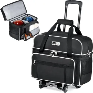 CAB55 2 Ball Bowling Bag with 4 Wheels, Double Bowling Ball Bag with Separate Shoe Compartment, (Up To US Men Size 16), and Multiple Multifunctional Accessory Pockets -(Black)