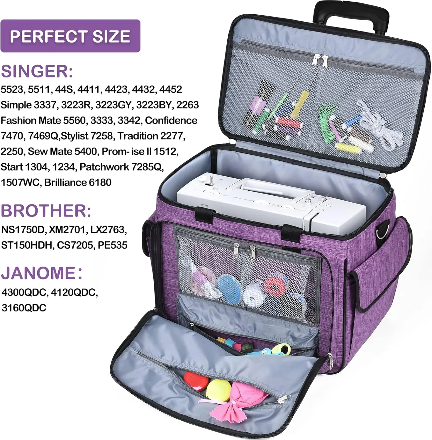 CAB55 Rolling Sewing Machine Case, Detachable Rolling Sewing Machine Carrying Case on Wheels, Trolley Tote Bag with Removable Bottom Wooden Board for Most Standard Sewing Machine and Accessories