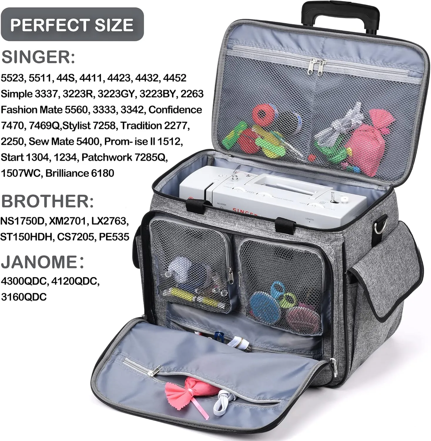 CAB55 Rolling Sewing Machine Case, Detachable Rolling Sewing Machine Carrying Case on Wheels, Trolley Tote Bag with Removable Bottom Wooden Board for Most Standard Sewing Machine and Accessories