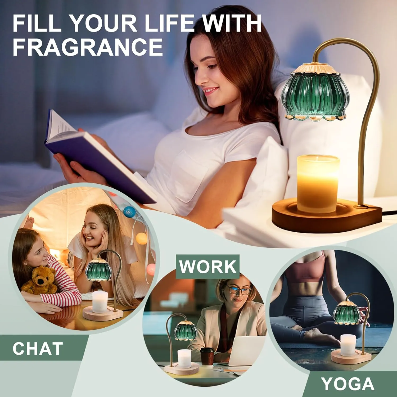 Candle Warmer Lamp with Timer, Dimmable Electric Candle Warmer Melter, Small & Large Jar Fragrance Candle Holders for Home Decoration Gift for Women, Golden-Green