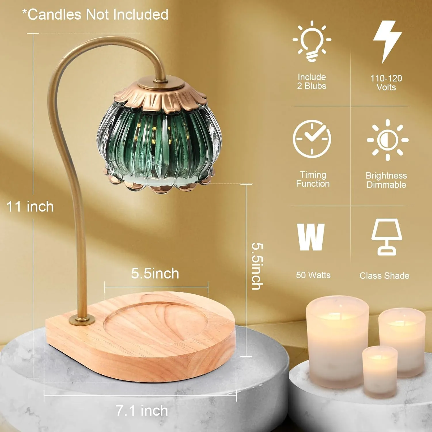 Candle Warmer Lamp with Timer, Dimmable Electric Candle Warmer Melter, Small & Large Jar Fragrance Candle Holders for Home Decoration Gift for Women, Golden-Green