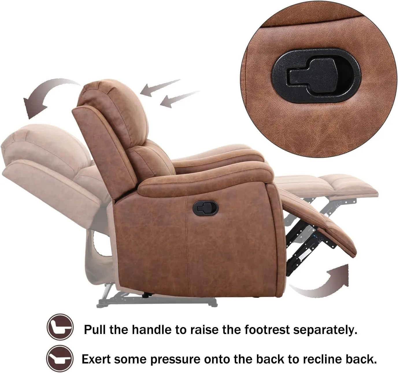 CANMOV Leather Recliner Chair, Classic and Traditional Manual Recliner Chair with Overstuffed Arms and Back, Manual Single Sofa with Concealed Cup Holders, Brown