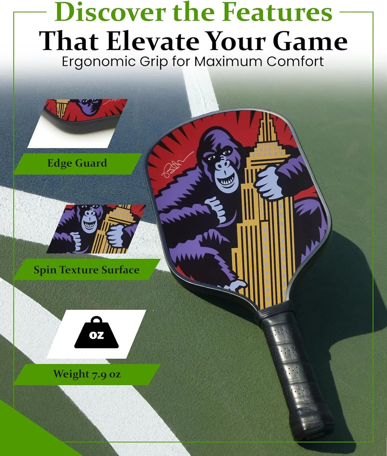 Carbon Fiber Pickleball Paddles, Textured Honeycomb Core Pickleball Racket with Cushion Grip, Designed for Control and Balance by Legendary Pop Artist Burton Morris