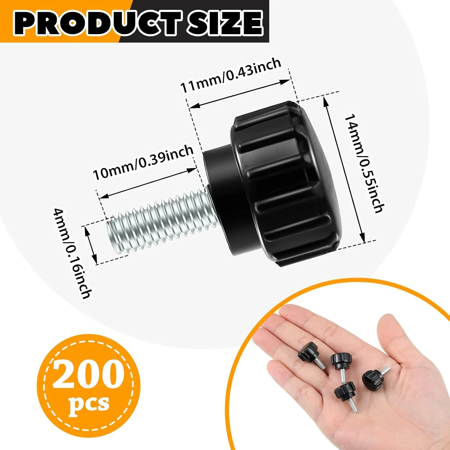 Carbon Steel Threaded Knurled Thumbscrew Screw on Knobs Grips Black Round Clamping Screw, Black (200, 4mm x 10 mm)