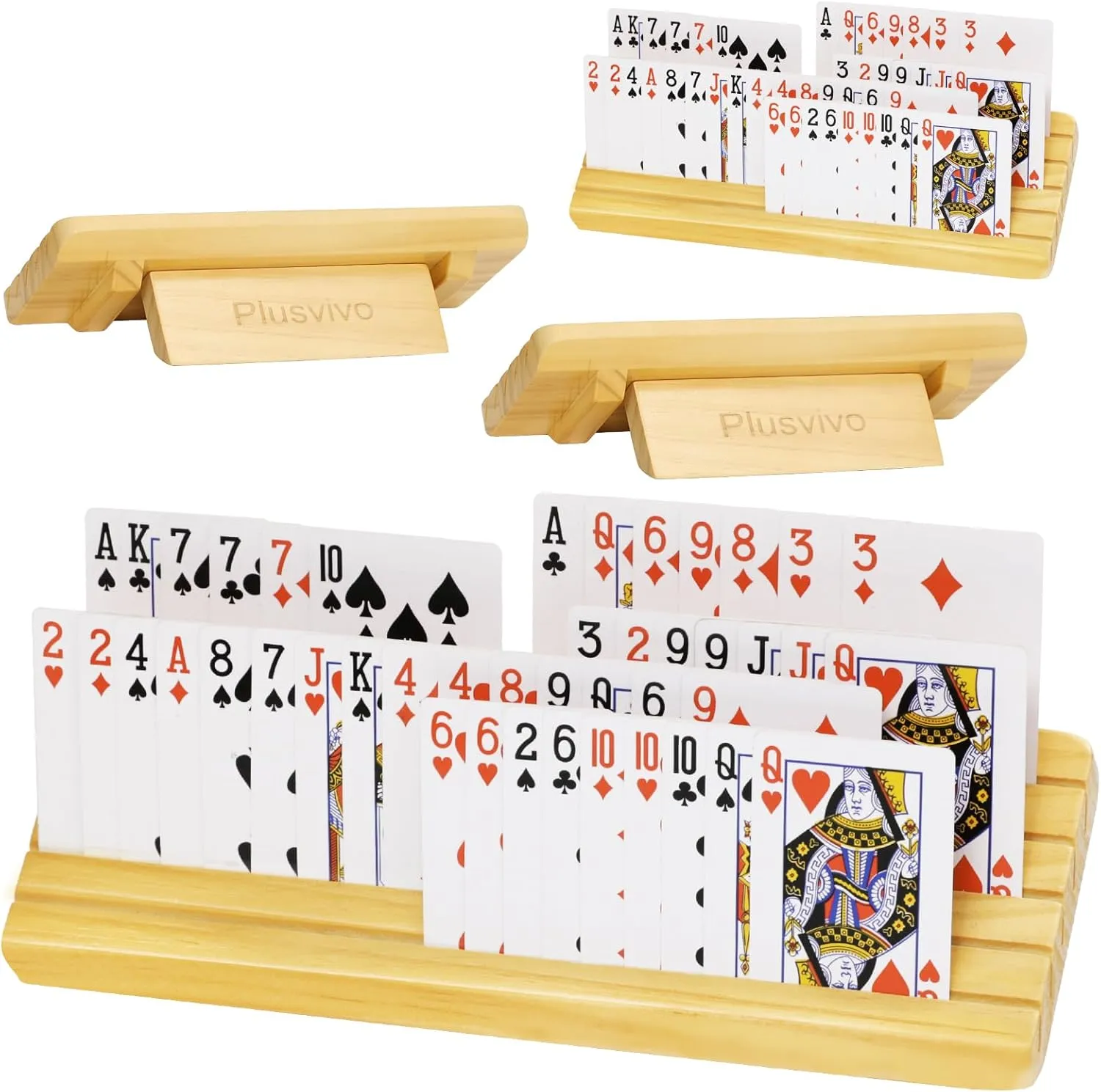 Card Holders for Playing Cards with Adjustable Stand Set of 4, Playing Card Holders for Seniors Adults Kids 5 Slots up to 110 Cards, 12" Wooden Card Holder for Canasta Bridge