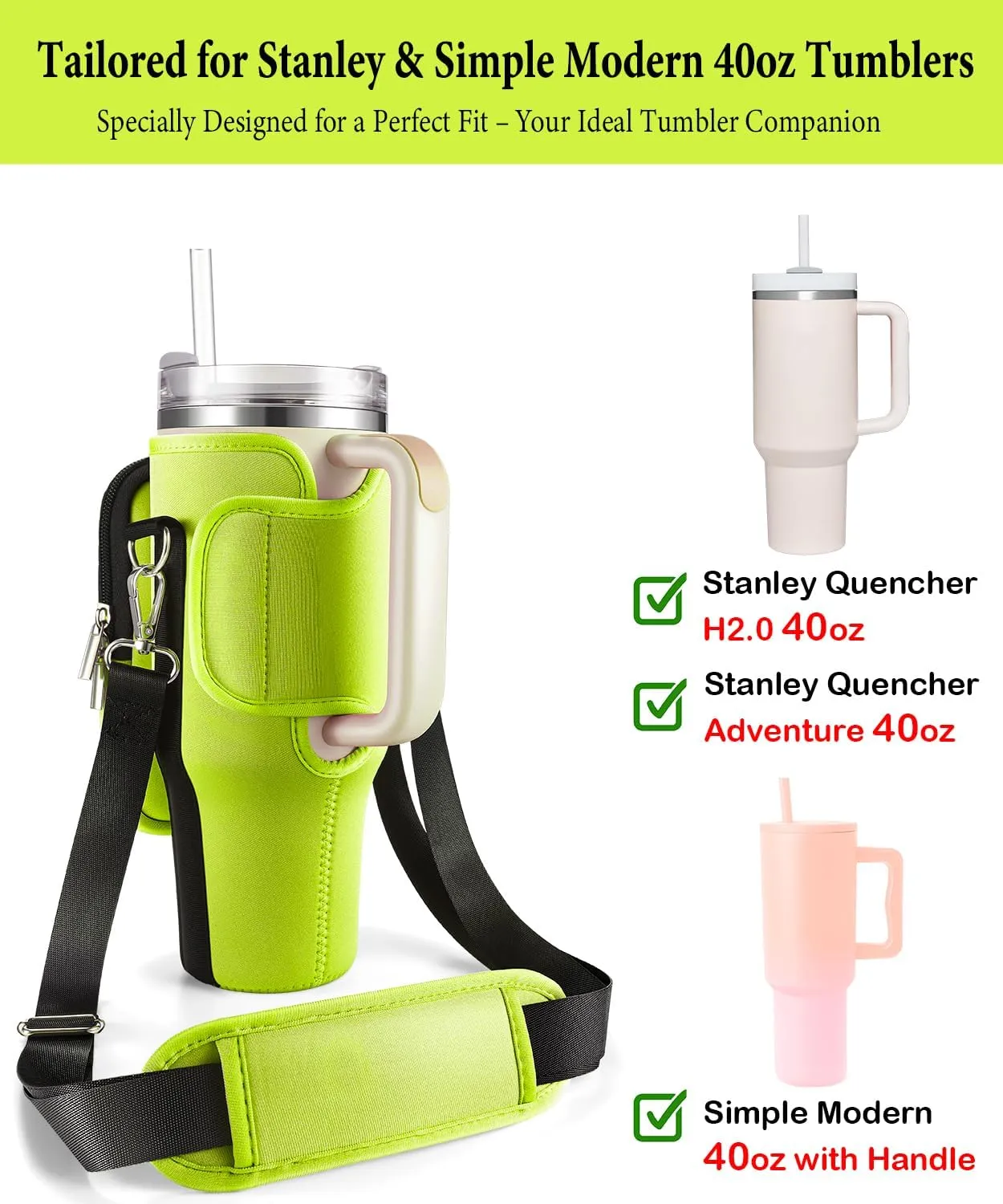 Carrier Bag with Phone Pocket for Stanley 40 oz Tumbler with Handle & Simple Modern 40oz Tumbler - Water Bottle Sling Sleeve Holder for Stanley Cup Accessories with Adjustable Shoulder & Hand Strap