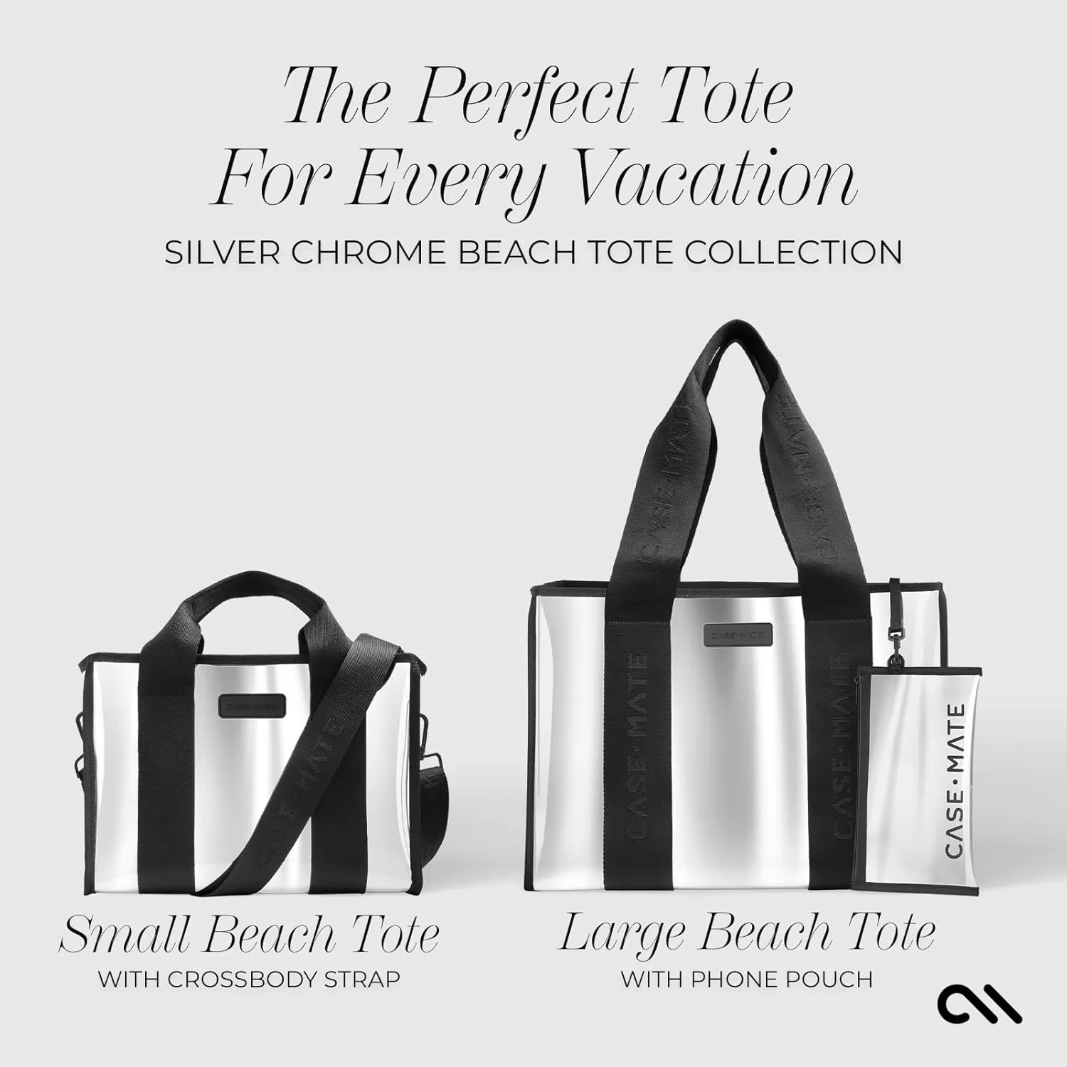 Case-Mate Silver Chrome Small Beach Tote - Lightweight Beach Bag with Crossbody Strap for Women - Waterproof, Tip-Proof, Foldable & Washable - Tote Bag for Pool, Travel and Vacation