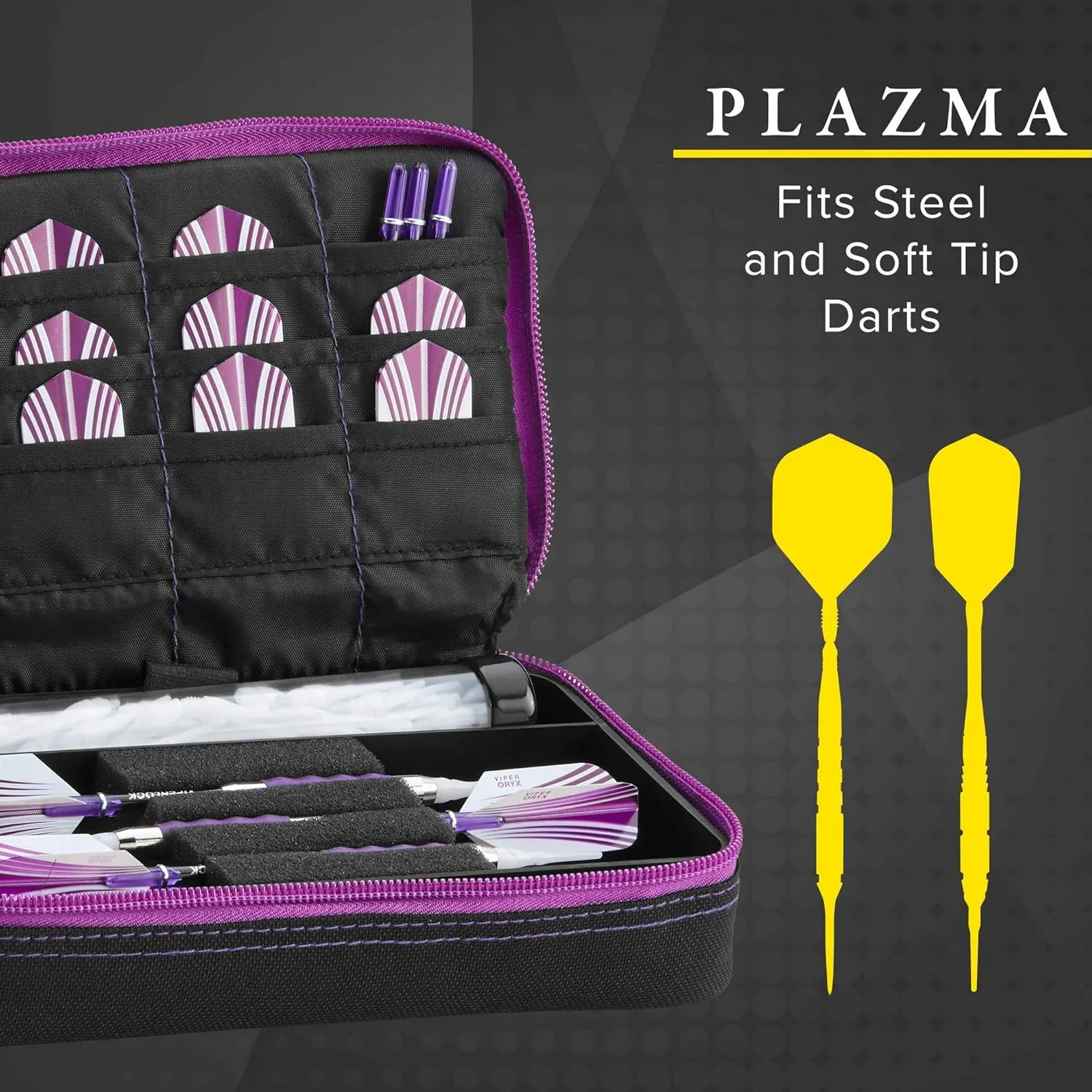 Casemaster Plazma Dart Case for Soft and Steel Tip Darts, Holds 3 Darts and Features Built-In Storage Tube and Pockets for Flights, Tips, Shafts, and Personal Items