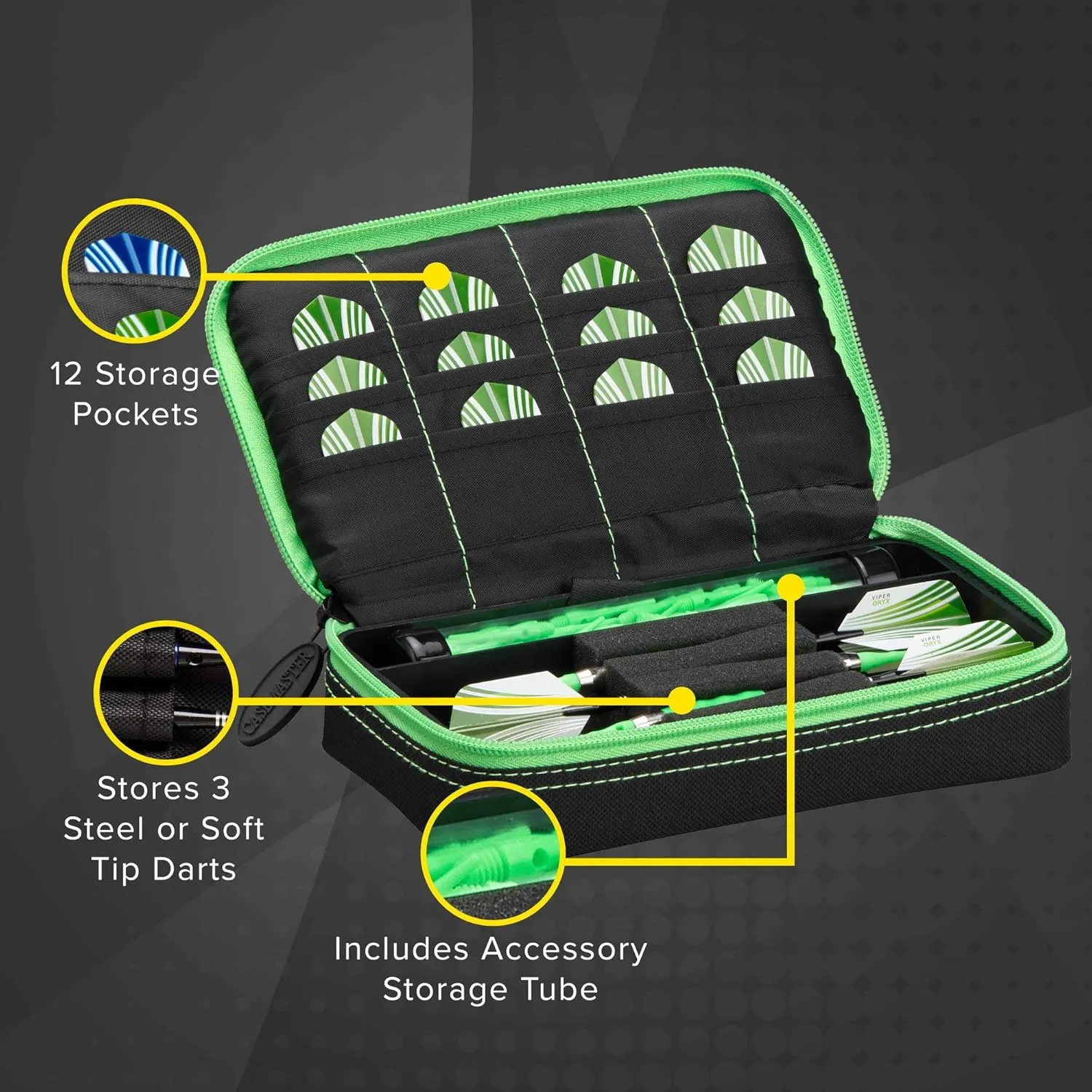 Casemaster Plazma Dart Case for Soft and Steel Tip Darts, Holds 3 Darts and Features Built-In Storage Tube and Pockets for Flights, Tips, Shafts, and Personal Items