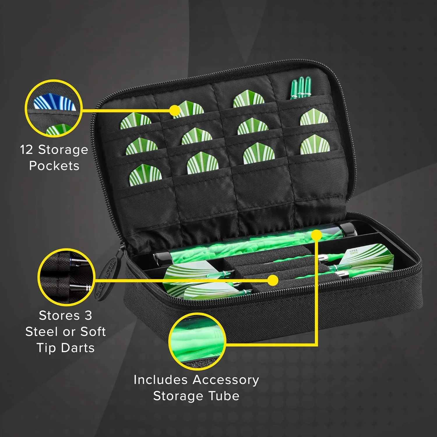 Casemaster Plazma Dart Case for Soft and Steel Tip Darts, Holds 3 Darts and Features Built-In Storage Tube and Pockets for Flights, Tips, Shafts, and Personal Items