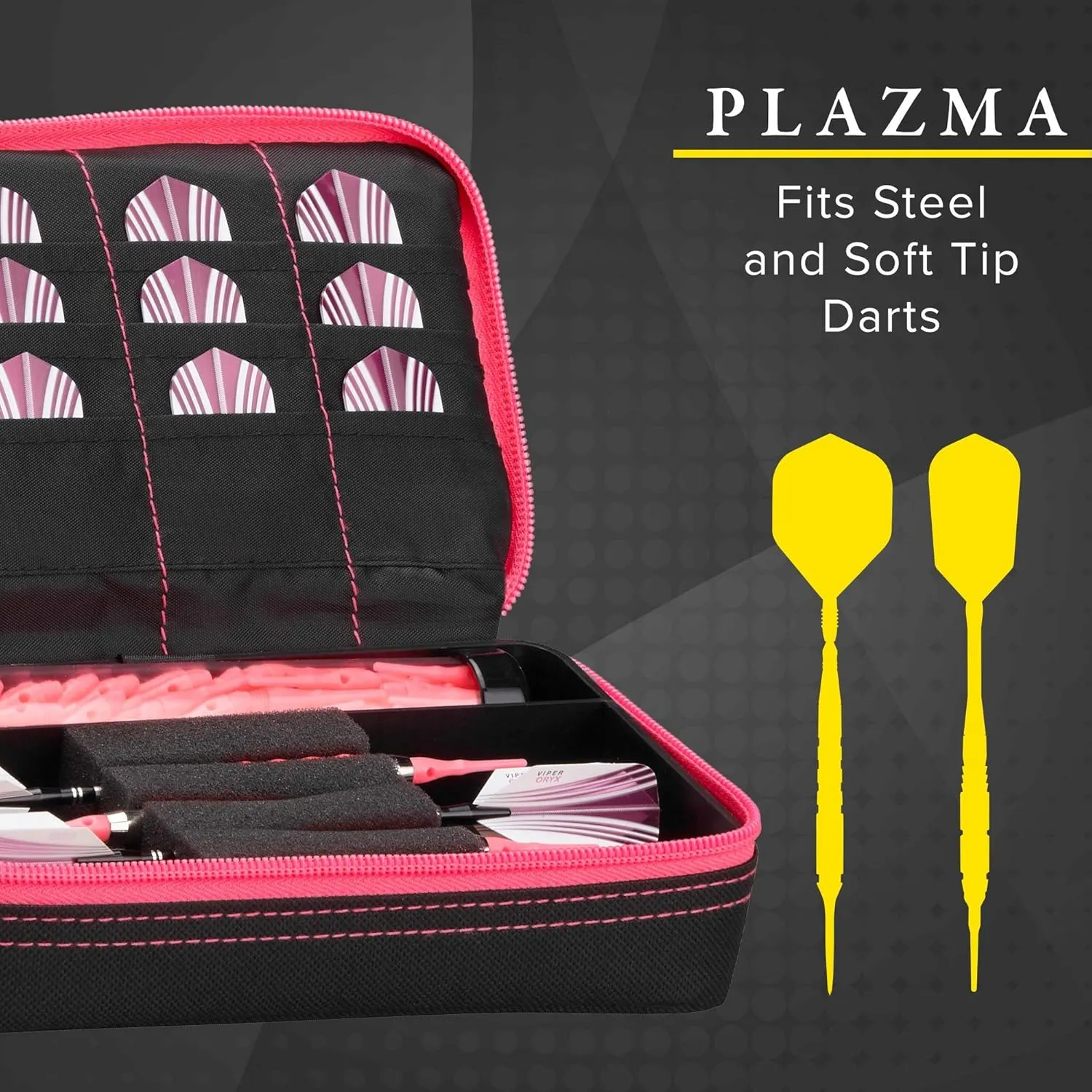 Casemaster Plazma Dart Case for Soft and Steel Tip Darts, Holds 3 Darts and Features Built-In Storage Tube and Pockets for Flights, Tips, Shafts, and Personal Items