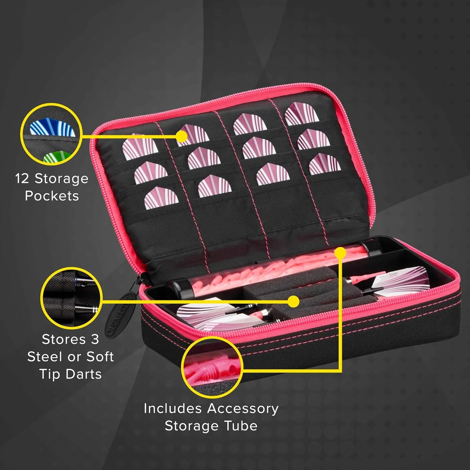Casemaster Plazma Dart Case for Soft and Steel Tip Darts, Holds 3 Darts and Features Built-In Storage Tube and Pockets for Flights, Tips, Shafts, and Personal Items