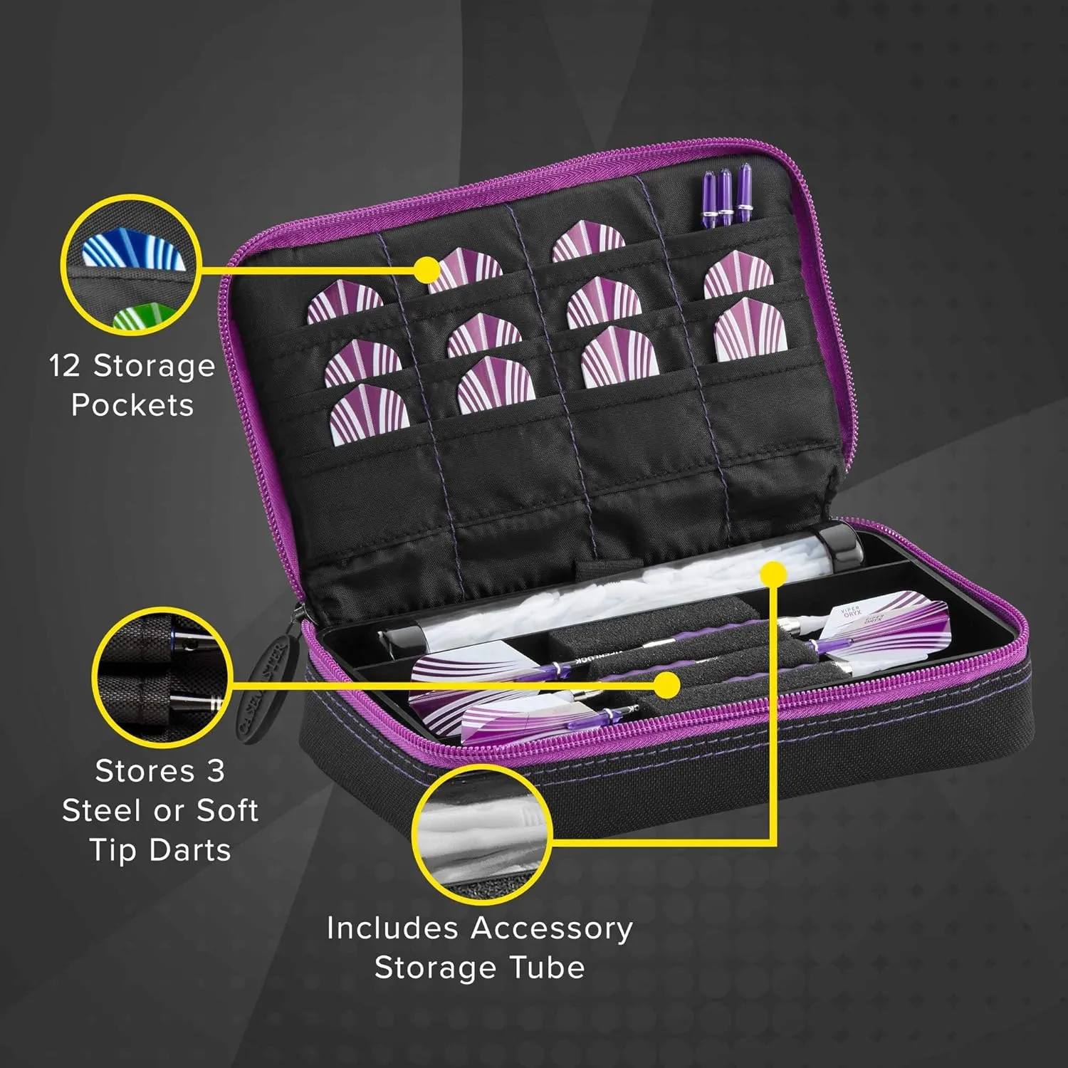 Casemaster Plazma Dart Case for Soft and Steel Tip Darts, Holds 3 Darts and Features Built-In Storage Tube and Pockets for Flights, Tips, Shafts, and Personal Items