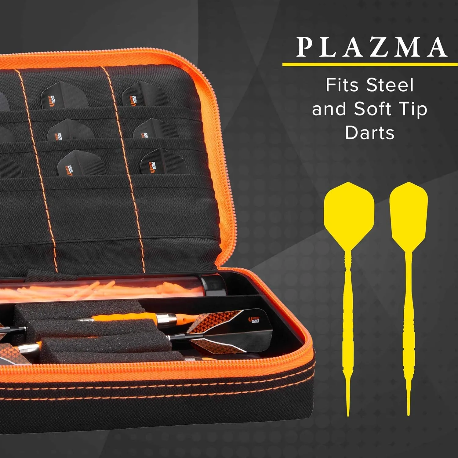 Casemaster Plazma Dart Case for Soft and Steel Tip Darts, Holds 3 Darts and Features Built-In Storage Tube and Pockets for Flights, Tips, Shafts, and Personal Items