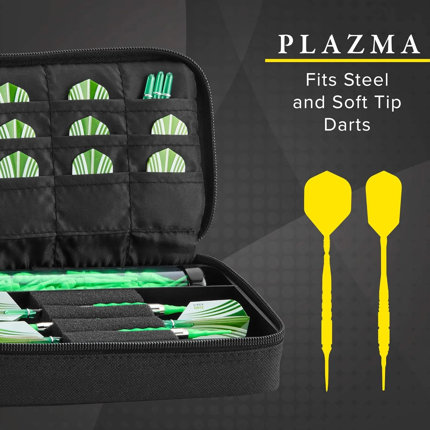 Casemaster Plazma Dart Case for Soft and Steel Tip Darts, Holds 3 Darts and Features Built-In Storage Tube and Pockets for Flights, Tips, Shafts, and Personal Items