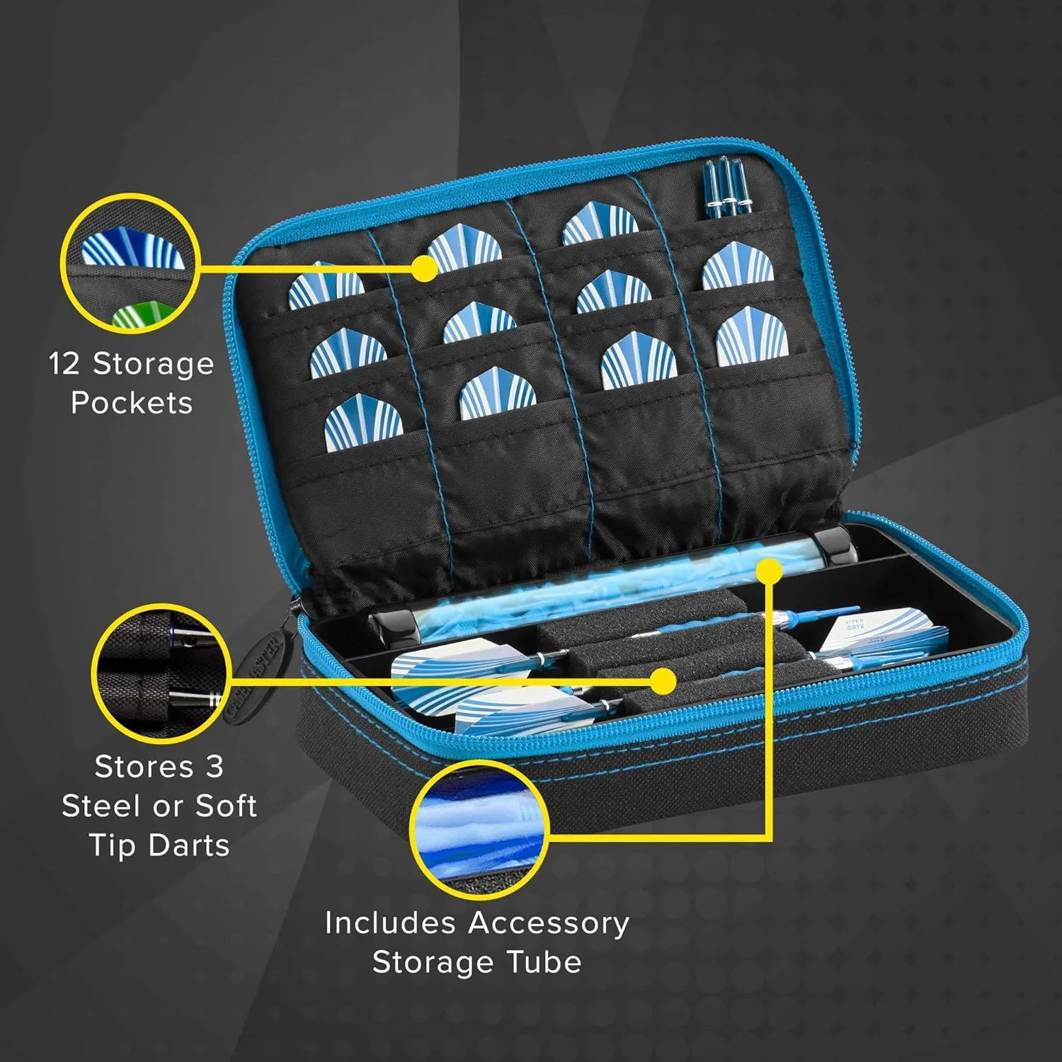 Casemaster Plazma Dart Case for Soft and Steel Tip Darts, Holds 3 Darts and Features Built-In Storage Tube and Pockets for Flights, Tips, Shafts, and Personal Items