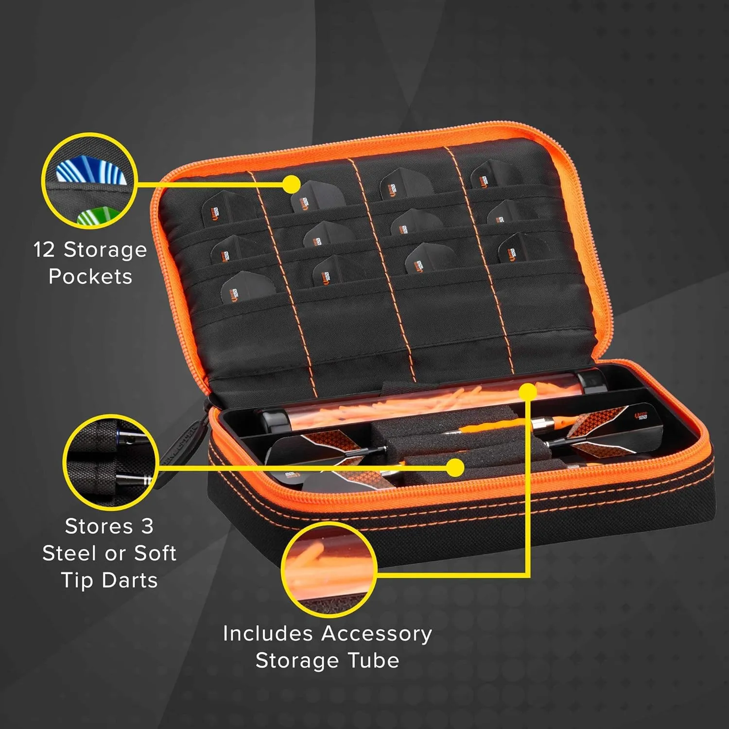 Casemaster Plazma Dart Case for Soft and Steel Tip Darts, Holds 3 Darts and Features Built-In Storage Tube and Pockets for Flights, Tips, Shafts, and Personal Items