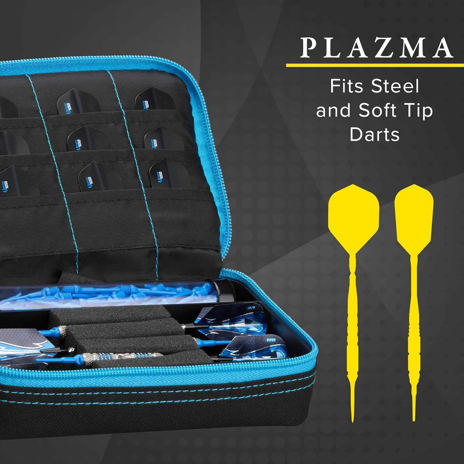 Casemaster Plazma Dart Case for Soft and Steel Tip Darts, Holds 3 Darts and Features Built-In Storage Tube and Pockets for Flights, Tips, Shafts, and Personal Items