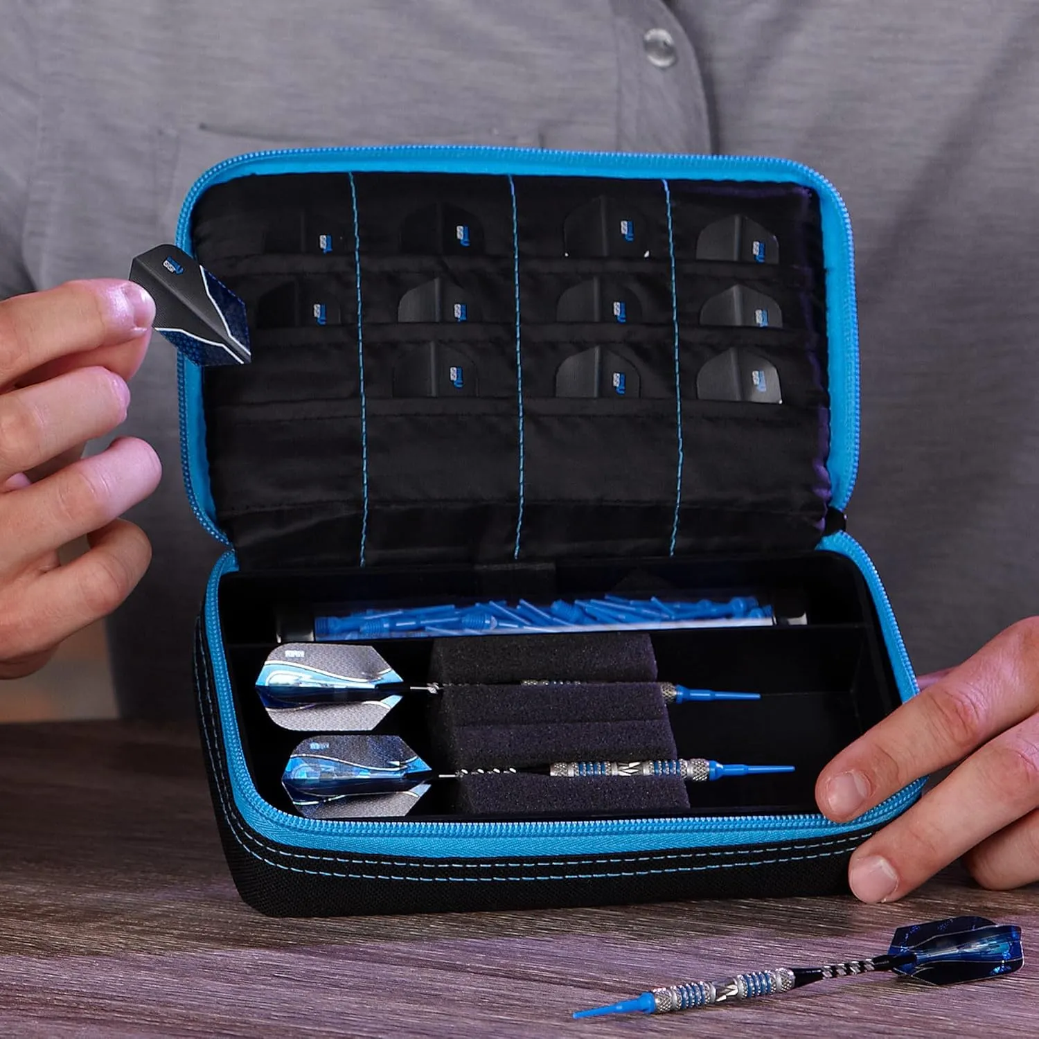 Casemaster Plazma Dart Case for Soft and Steel Tip Darts, Holds 3 Darts and Features Built-In Storage Tube and Pockets for Flights, Tips, Shafts, and Personal Items
