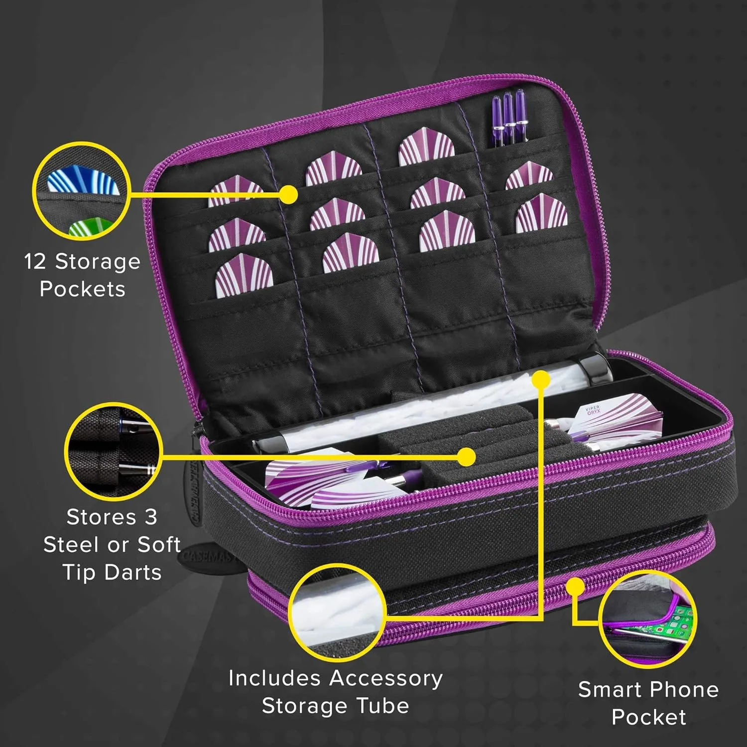 Casemaster Plazma Plus, 3 Dart Case for Soft and Steel Tip Darts Features Large Front Mobile Device Pocket, Built-in Storage Tube and Pockets for Flights, Tips, Shafts, and Personal Items