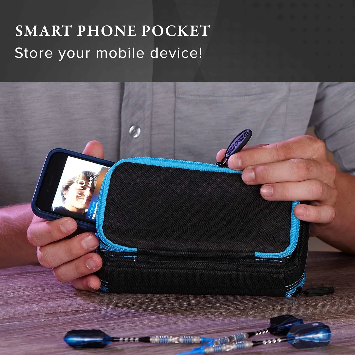 Casemaster Plazma Plus, 3 Dart Case for Soft and Steel Tip Darts Features Large Front Mobile Device Pocket, Built-in Storage Tube and Pockets for Flights, Tips, Shafts, and Personal Items