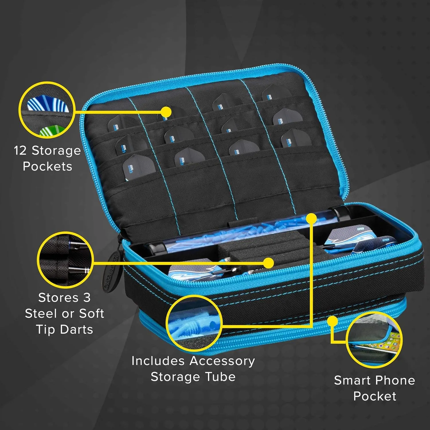 Casemaster Plazma Plus, 3 Dart Case for Soft and Steel Tip Darts Features Large Front Mobile Device Pocket, Built-in Storage Tube and Pockets for Flights, Tips, Shafts, and Personal Items