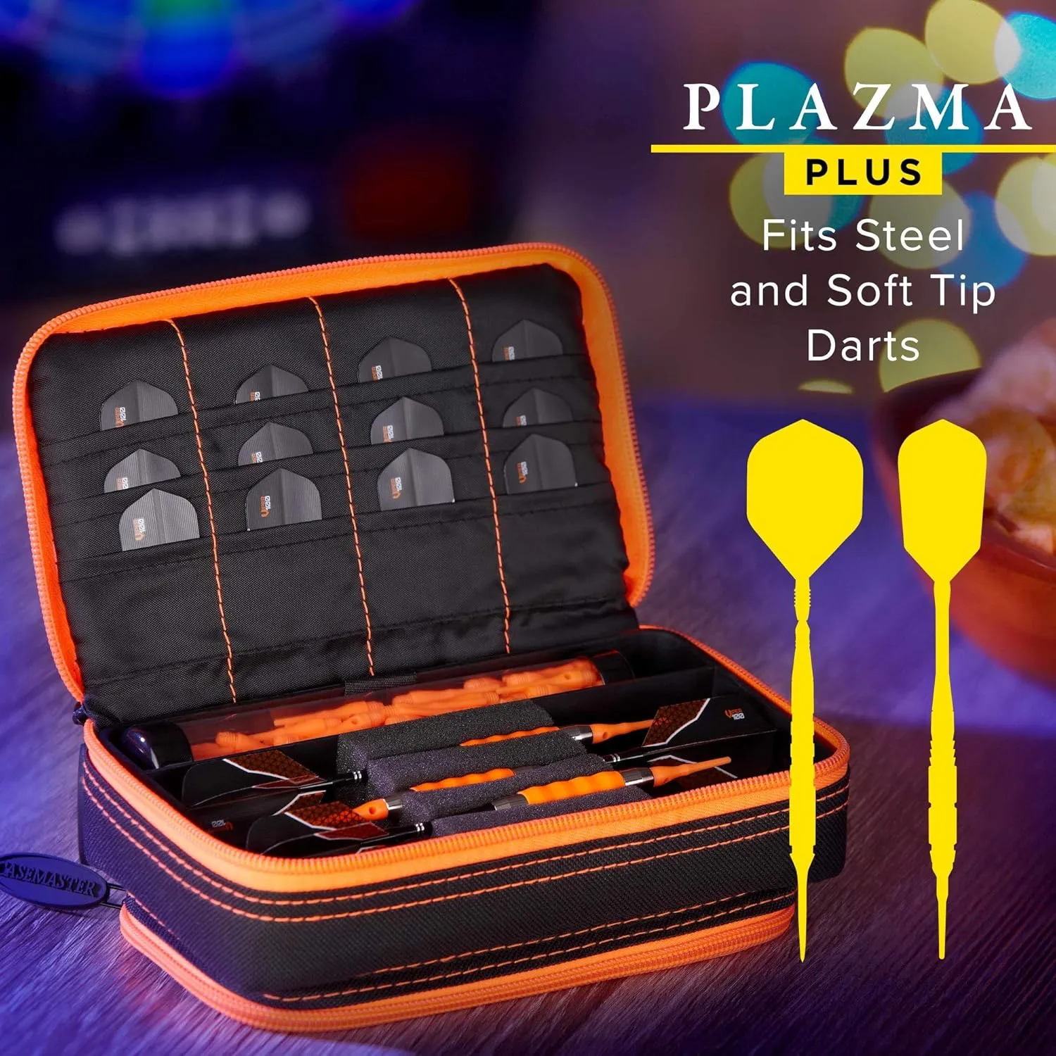 Casemaster Plazma Plus, 3 Dart Case for Soft and Steel Tip Darts Features Large Front Mobile Device Pocket, Built-in Storage Tube and Pockets for Flights, Tips, Shafts, and Personal Items