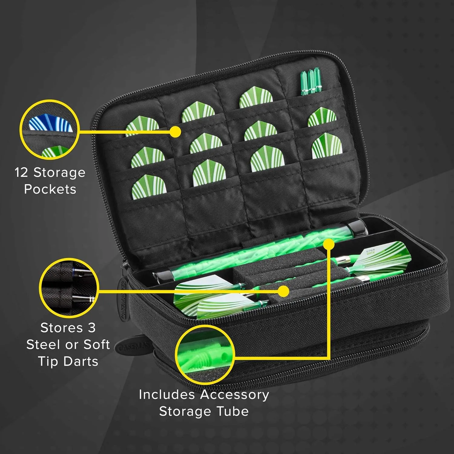 Casemaster Plazma Plus, 3 Dart Case for Soft and Steel Tip Darts Features Large Front Mobile Device Pocket, Built-in Storage Tube and Pockets for Flights, Tips, Shafts, and Personal Items
