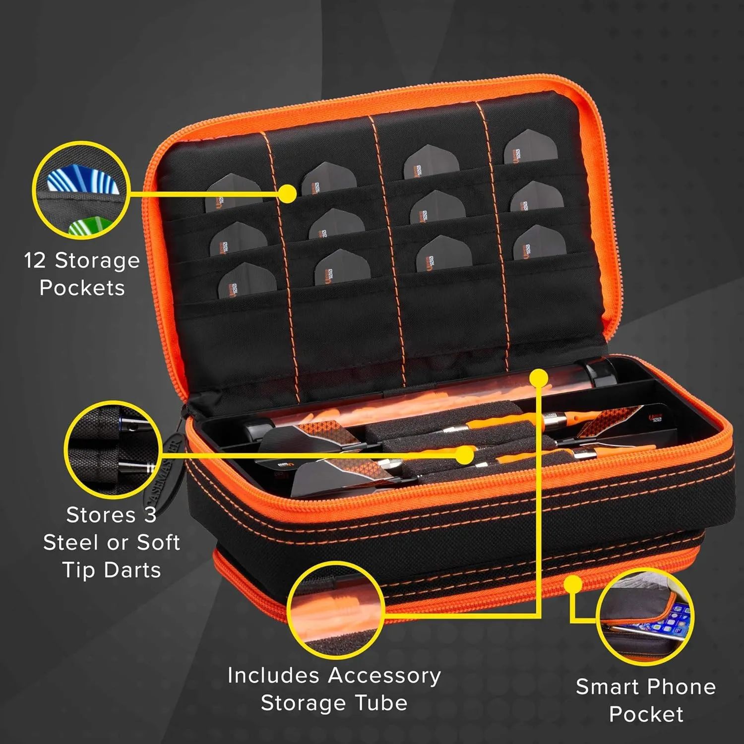 Casemaster Plazma Plus, 3 Dart Case for Soft and Steel Tip Darts Features Large Front Mobile Device Pocket, Built-in Storage Tube and Pockets for Flights, Tips, Shafts, and Personal Items