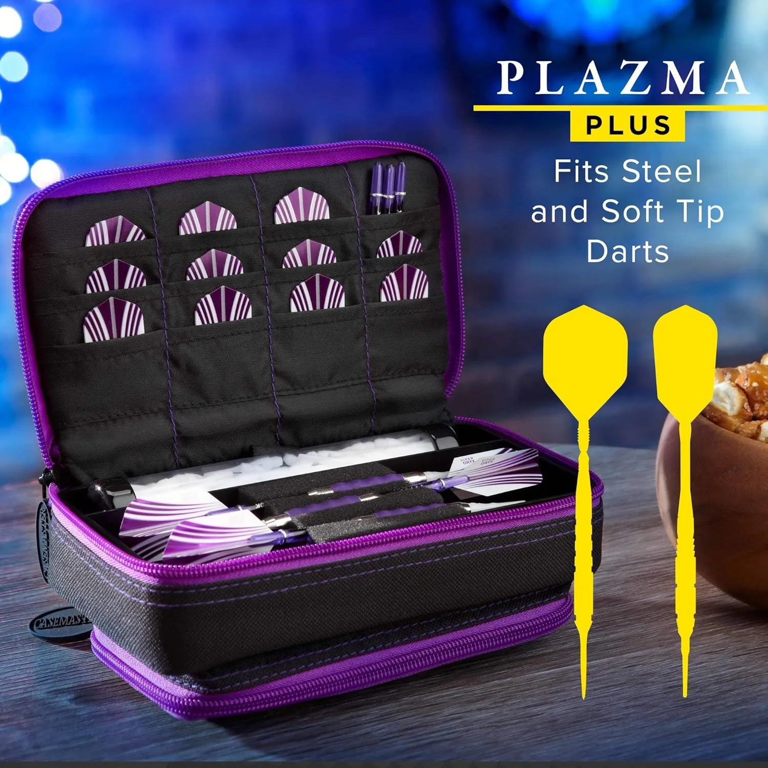 Casemaster Plazma Plus, 3 Dart Case for Soft and Steel Tip Darts Features Large Front Mobile Device Pocket, Built-in Storage Tube and Pockets for Flights, Tips, Shafts, and Personal Items