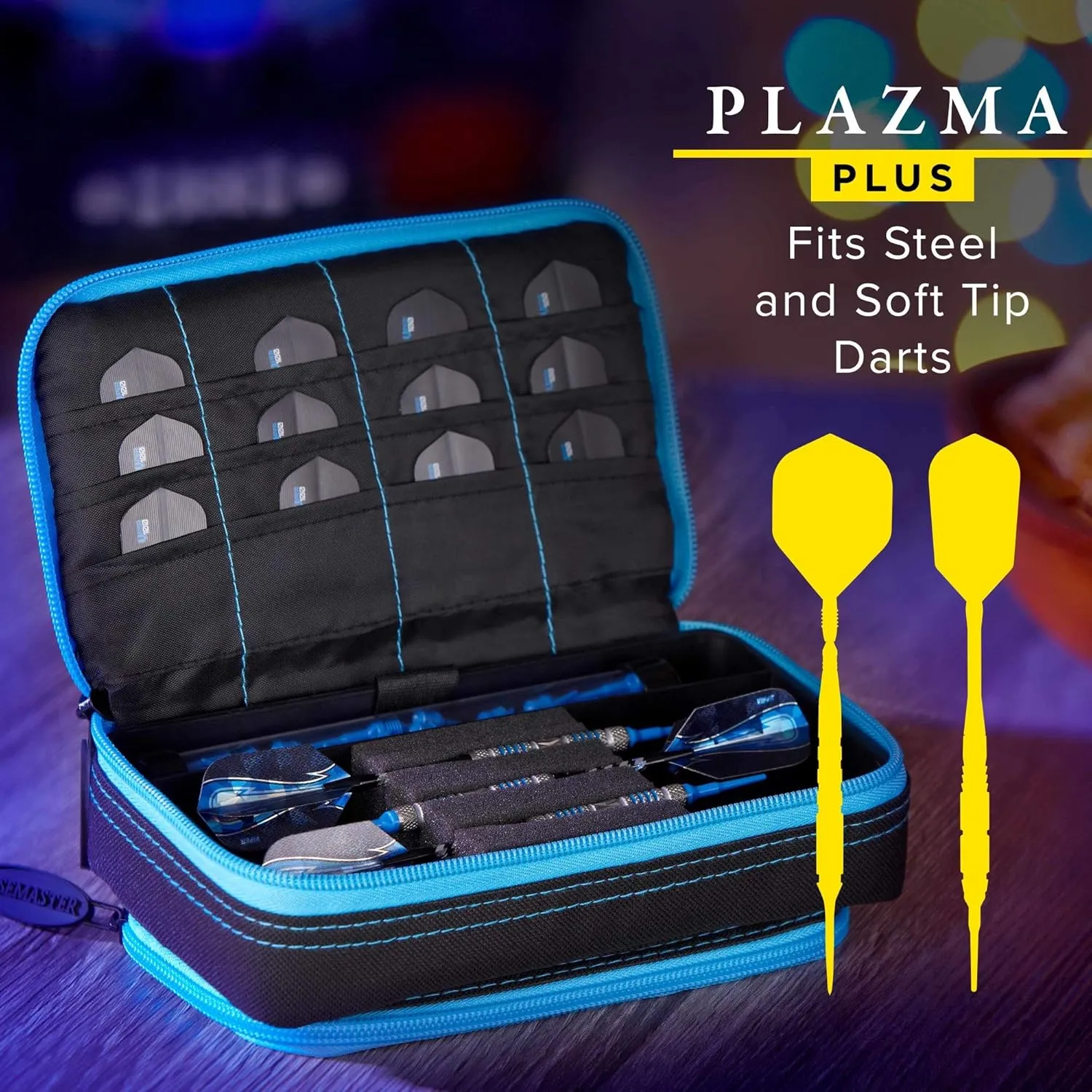 Casemaster Plazma Plus, 3 Dart Case for Soft and Steel Tip Darts Features Large Front Mobile Device Pocket, Built-in Storage Tube and Pockets for Flights, Tips, Shafts, and Personal Items