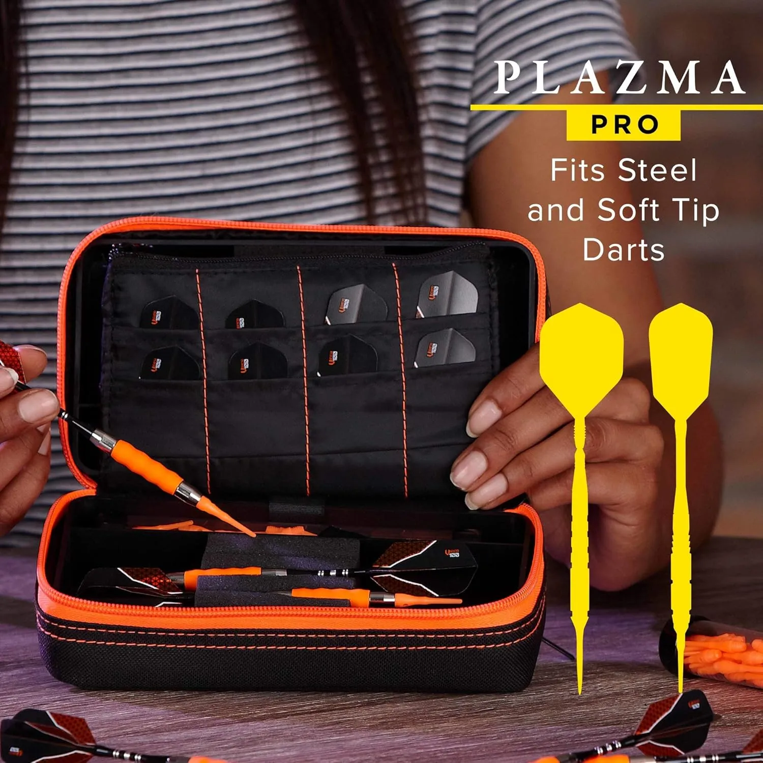 Casemaster Plazma Pro, 6 Dart Case for Soft and Steel Tip Darts, Features Large Front Mobile Device Pocket, Built-In Storage Tubes and Pockets for Flights, Tips, Shafts, and Personal Items