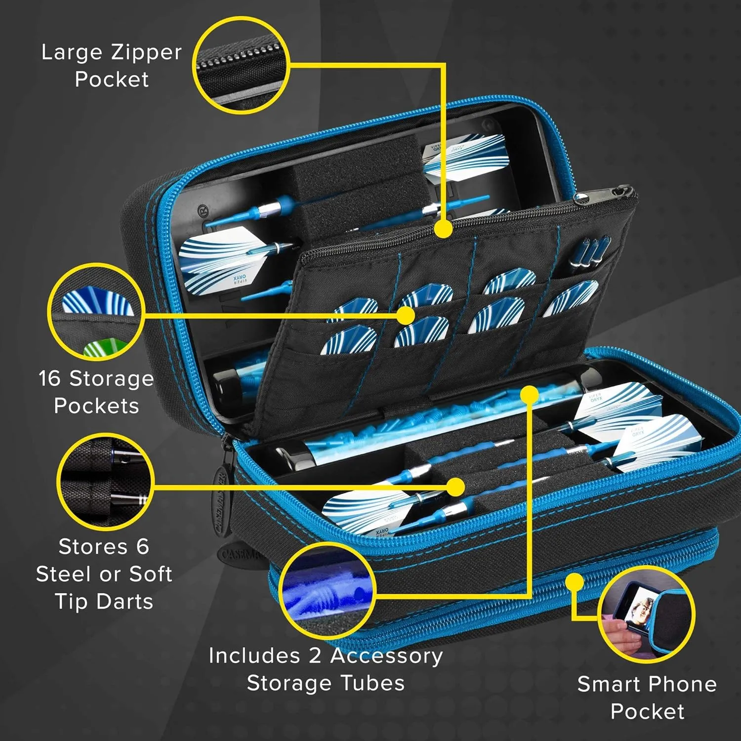 Casemaster Plazma Pro, 6 Dart Case for Soft and Steel Tip Darts, Features Large Front Mobile Device Pocket, Built-In Storage Tubes and Pockets for Flights, Tips, Shafts, and Personal Items