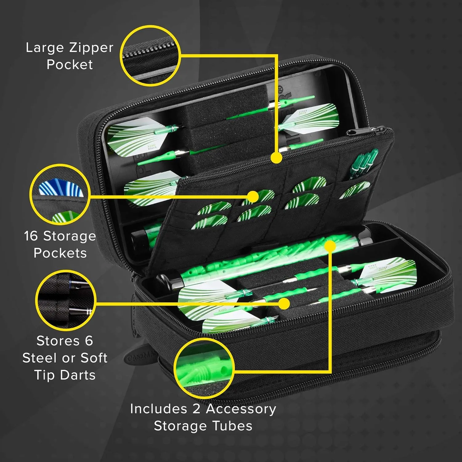 Casemaster Plazma Pro, 6 Dart Case for Soft and Steel Tip Darts, Features Large Front Mobile Device Pocket, Built-In Storage Tubes and Pockets for Flights, Tips, Shafts, and Personal Items