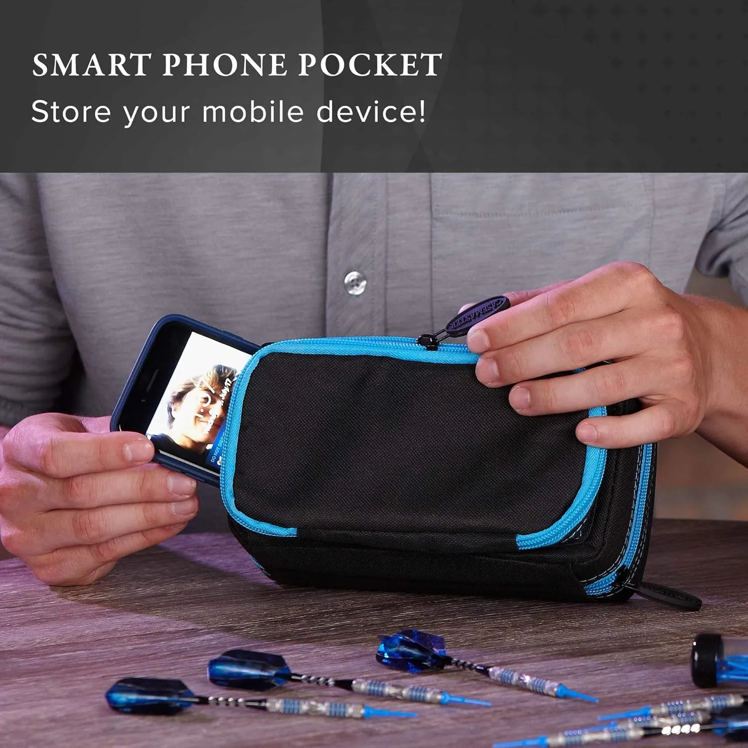 Casemaster Plazma Pro, 6 Dart Case for Soft and Steel Tip Darts, Features Large Front Mobile Device Pocket, Built-In Storage Tubes and Pockets for Flights, Tips, Shafts, and Personal Items