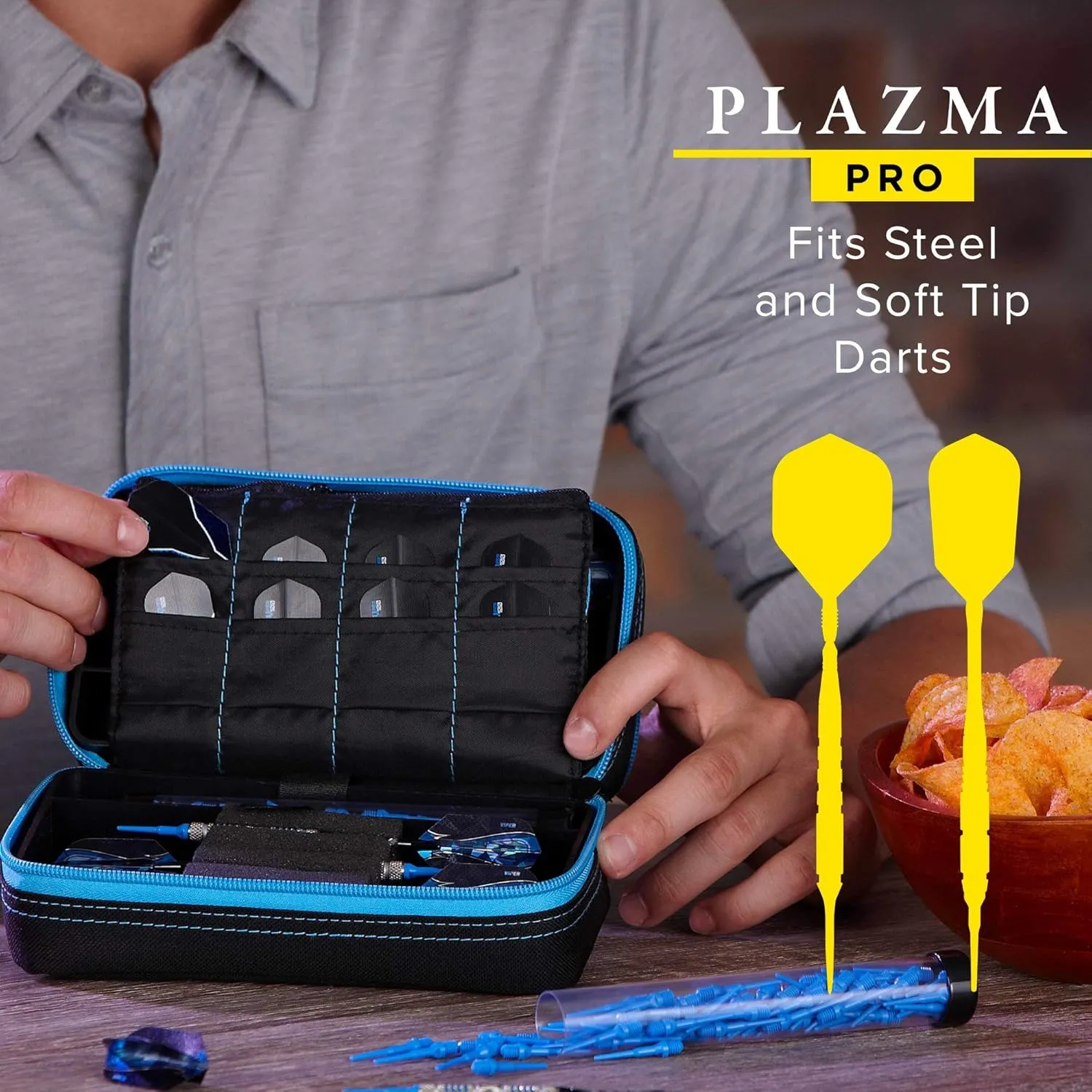 Casemaster Plazma Pro, 6 Dart Case for Soft and Steel Tip Darts, Features Large Front Mobile Device Pocket, Built-In Storage Tubes and Pockets for Flights, Tips, Shafts, and Personal Items
