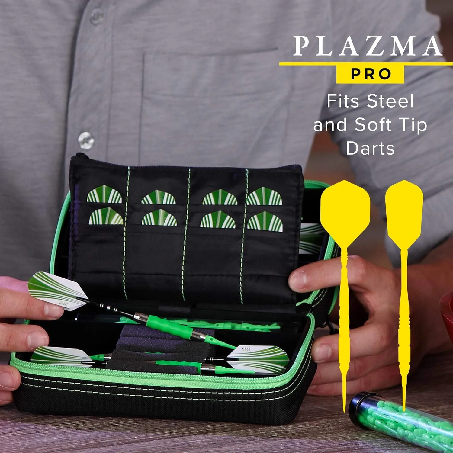 Casemaster Plazma Pro, 6 Dart Case for Soft and Steel Tip Darts, Features Large Front Mobile Device Pocket, Built-In Storage Tubes and Pockets for Flights, Tips, Shafts, and Personal Items