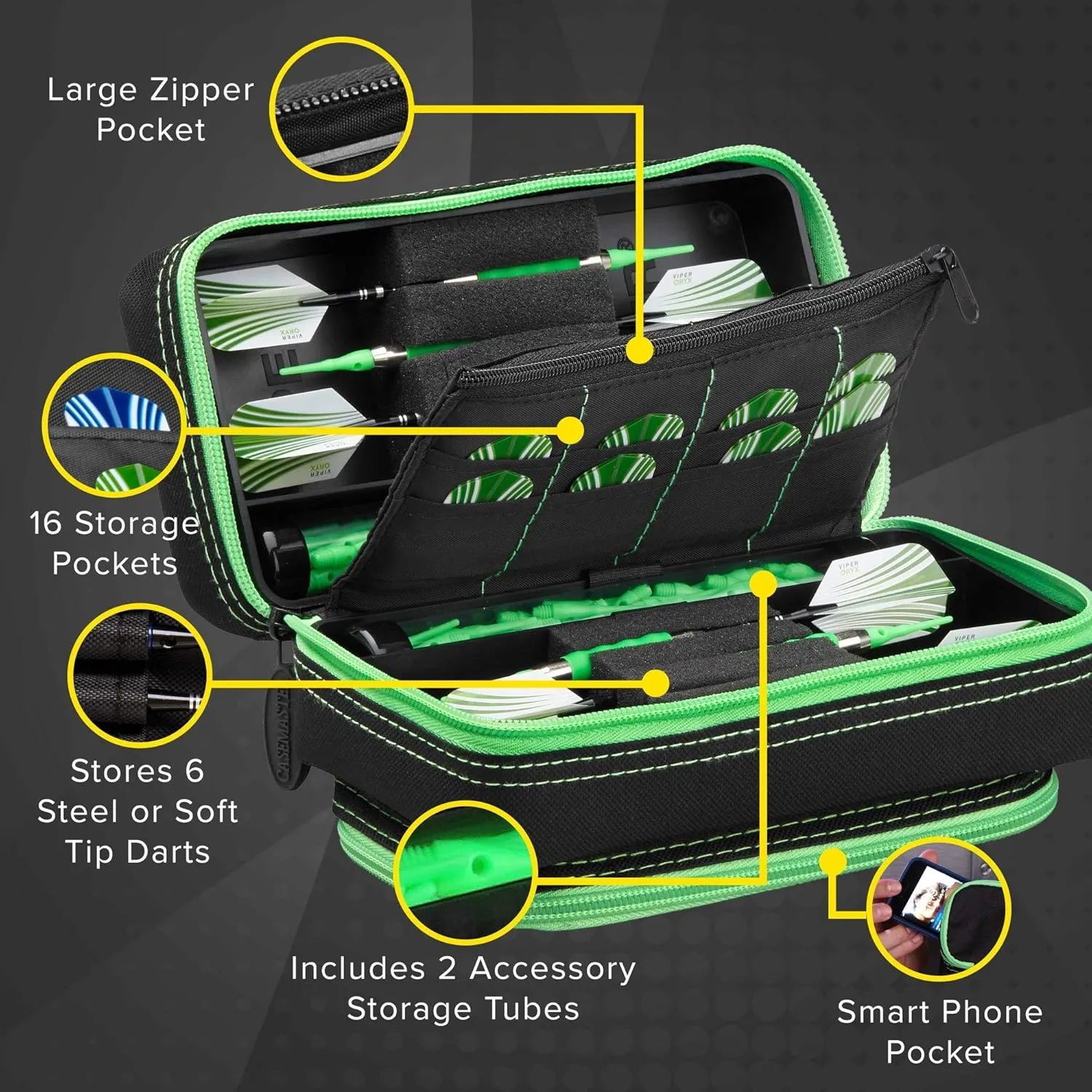 Casemaster Plazma Pro, 6 Dart Case for Soft and Steel Tip Darts, Features Large Front Mobile Device Pocket, Built-In Storage Tubes and Pockets for Flights, Tips, Shafts, and Personal Items