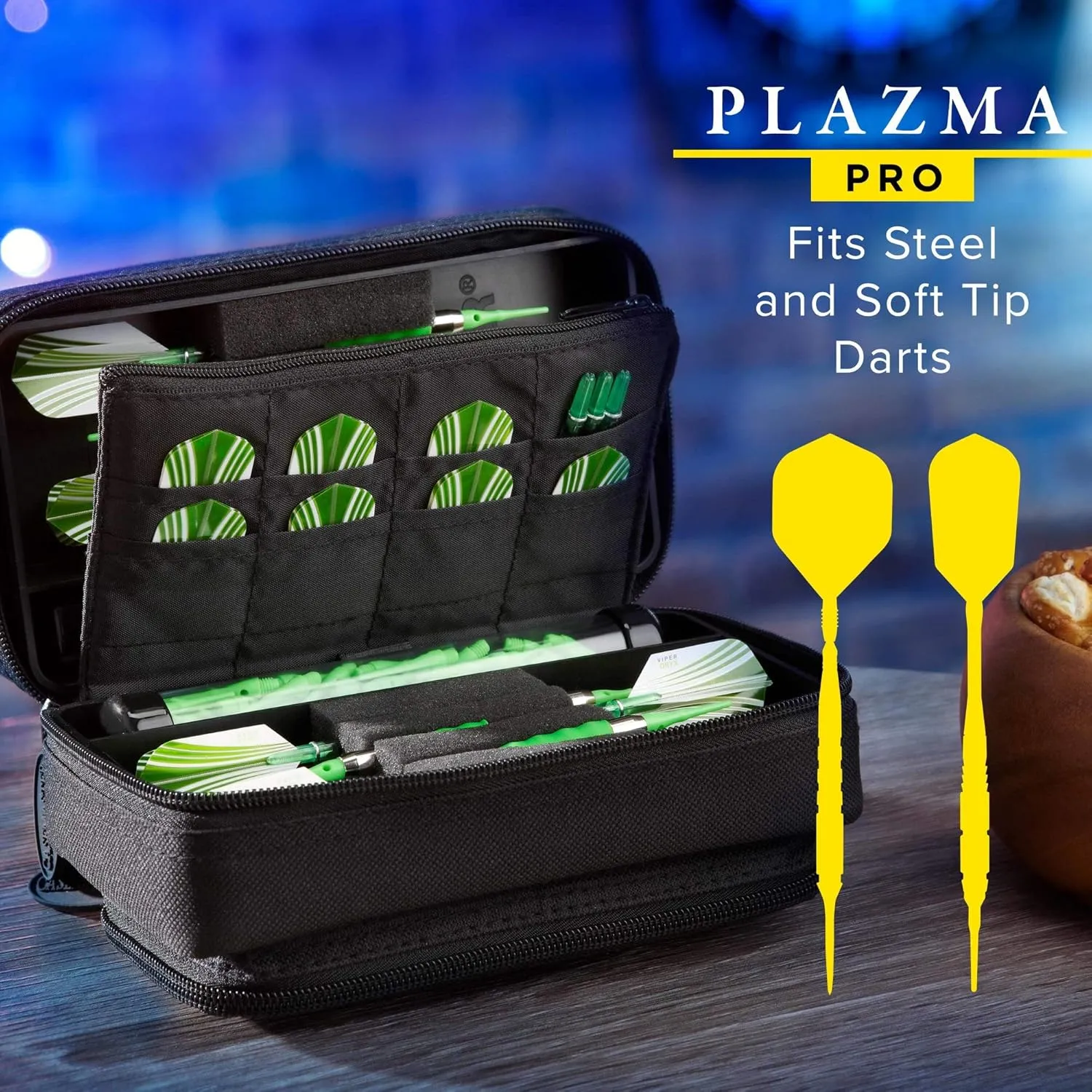 Casemaster Plazma Pro, 6 Dart Case for Soft and Steel Tip Darts, Features Large Front Mobile Device Pocket, Built-In Storage Tubes and Pockets for Flights, Tips, Shafts, and Personal Items