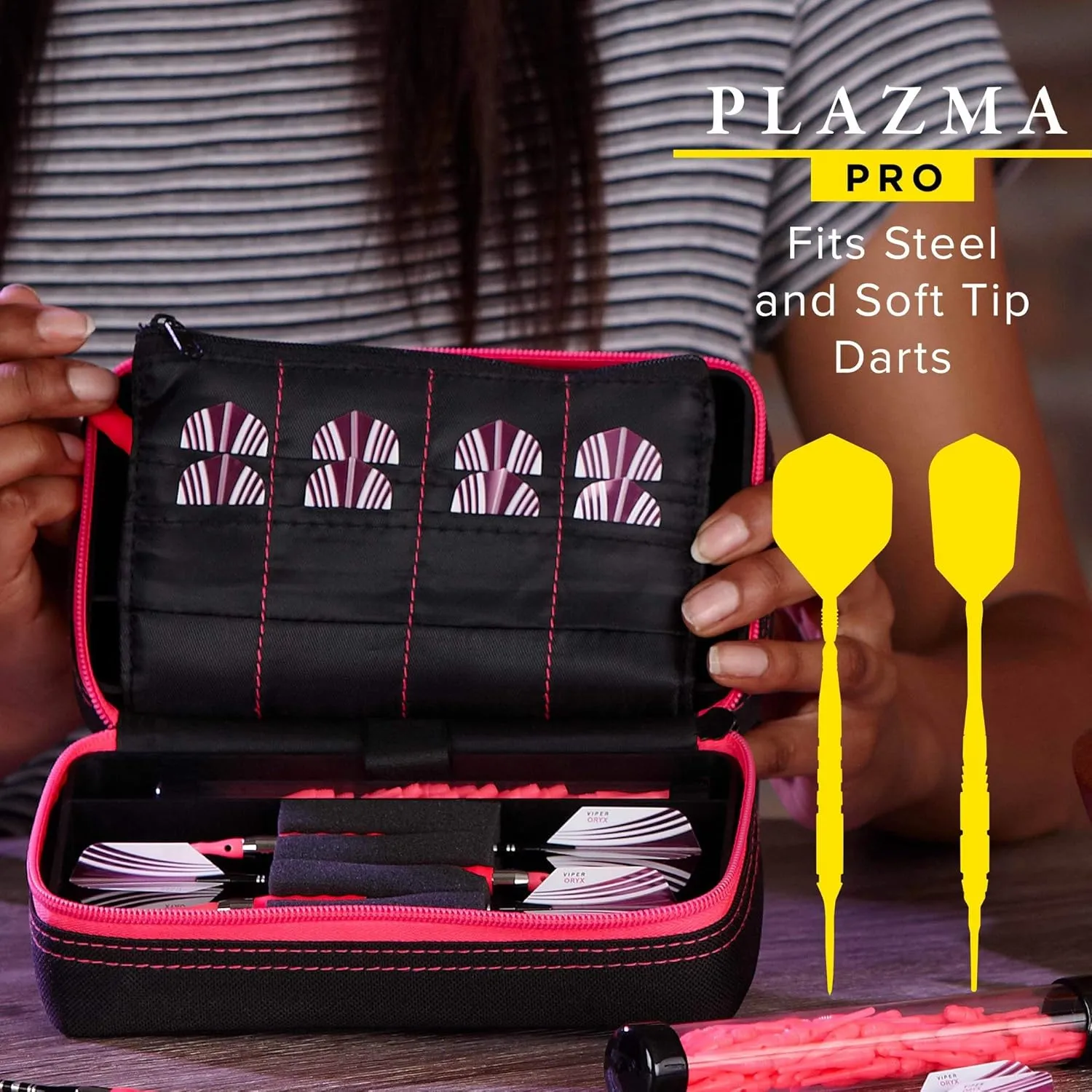 Casemaster Plazma Pro, 6 Dart Case for Soft and Steel Tip Darts, Features Large Front Mobile Device Pocket, Built-In Storage Tubes and Pockets for Flights, Tips, Shafts, and Personal Items